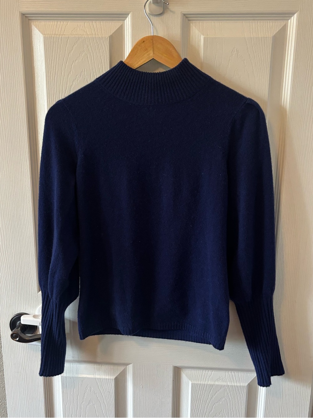 SEA New York 100% Cashmere Mock Neck Puff Sleeve Sweater Navy Blue XS 15" P2P